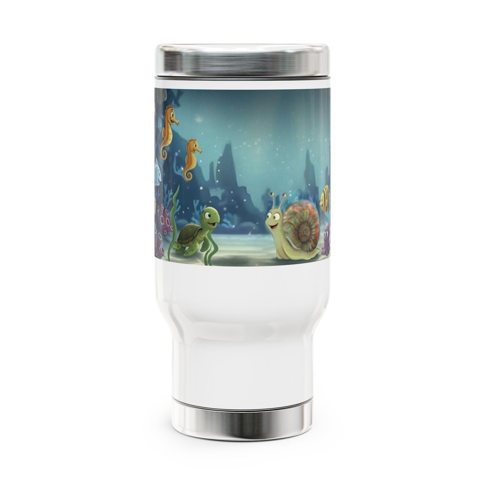 Underwater Friends Travel Mug — 14oz Stainless Steel Coffee Tumbler with Handle