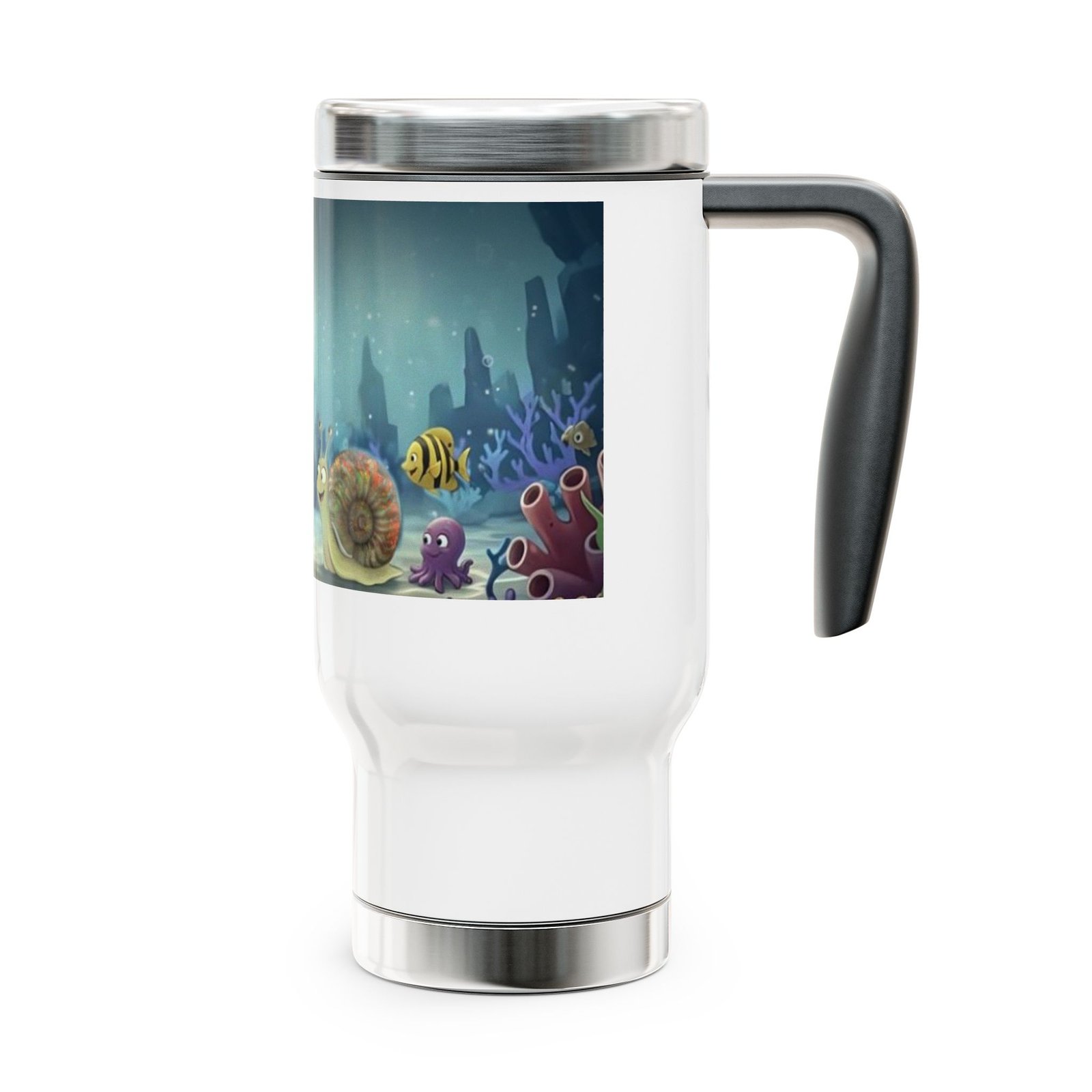 Underwater Friends Travel Mug — 14oz Stainless Steel Coffee Tumbler with Handle - Image 4