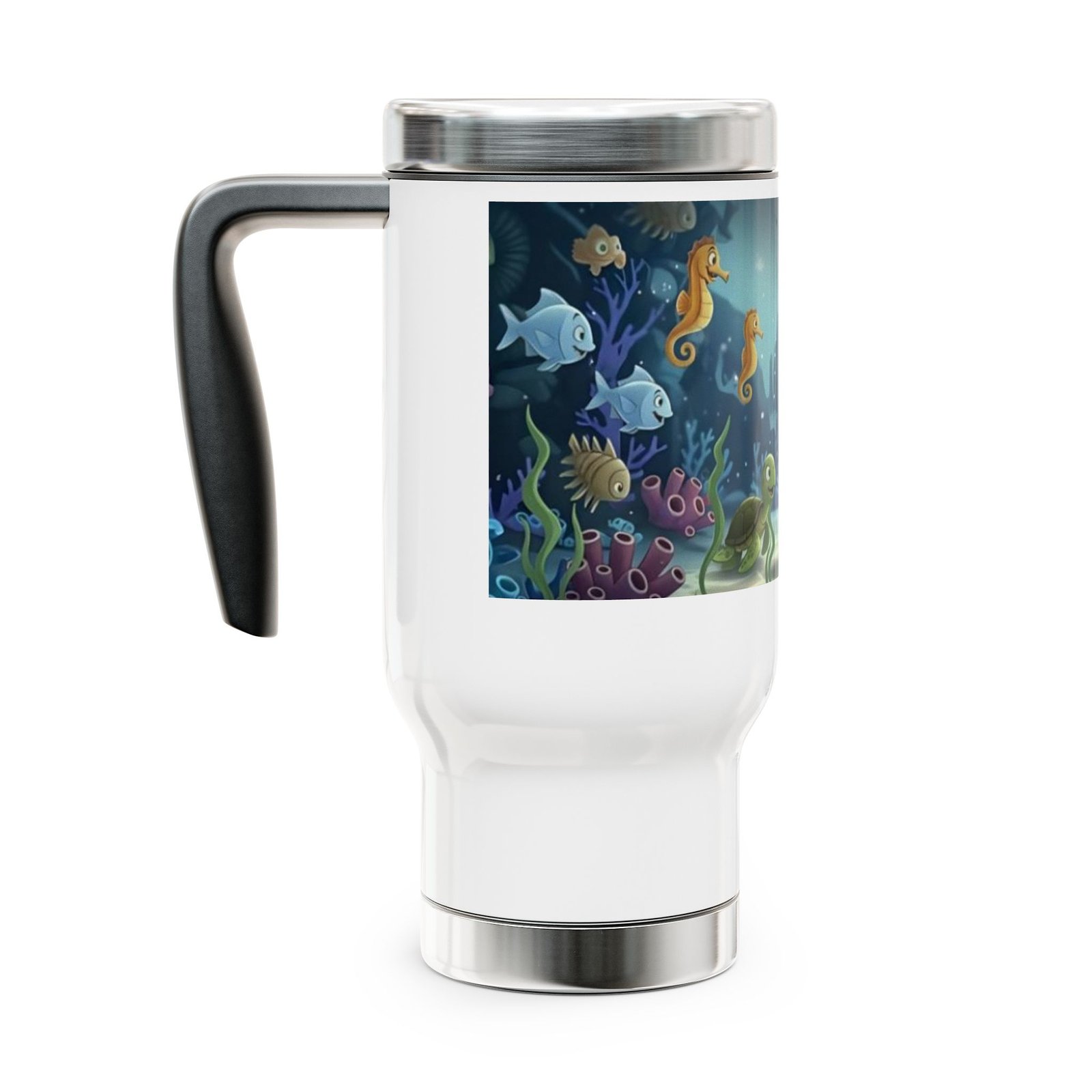 Underwater Friends Travel Mug — 14oz Stainless Steel Coffee Tumbler with Handle - Image 2